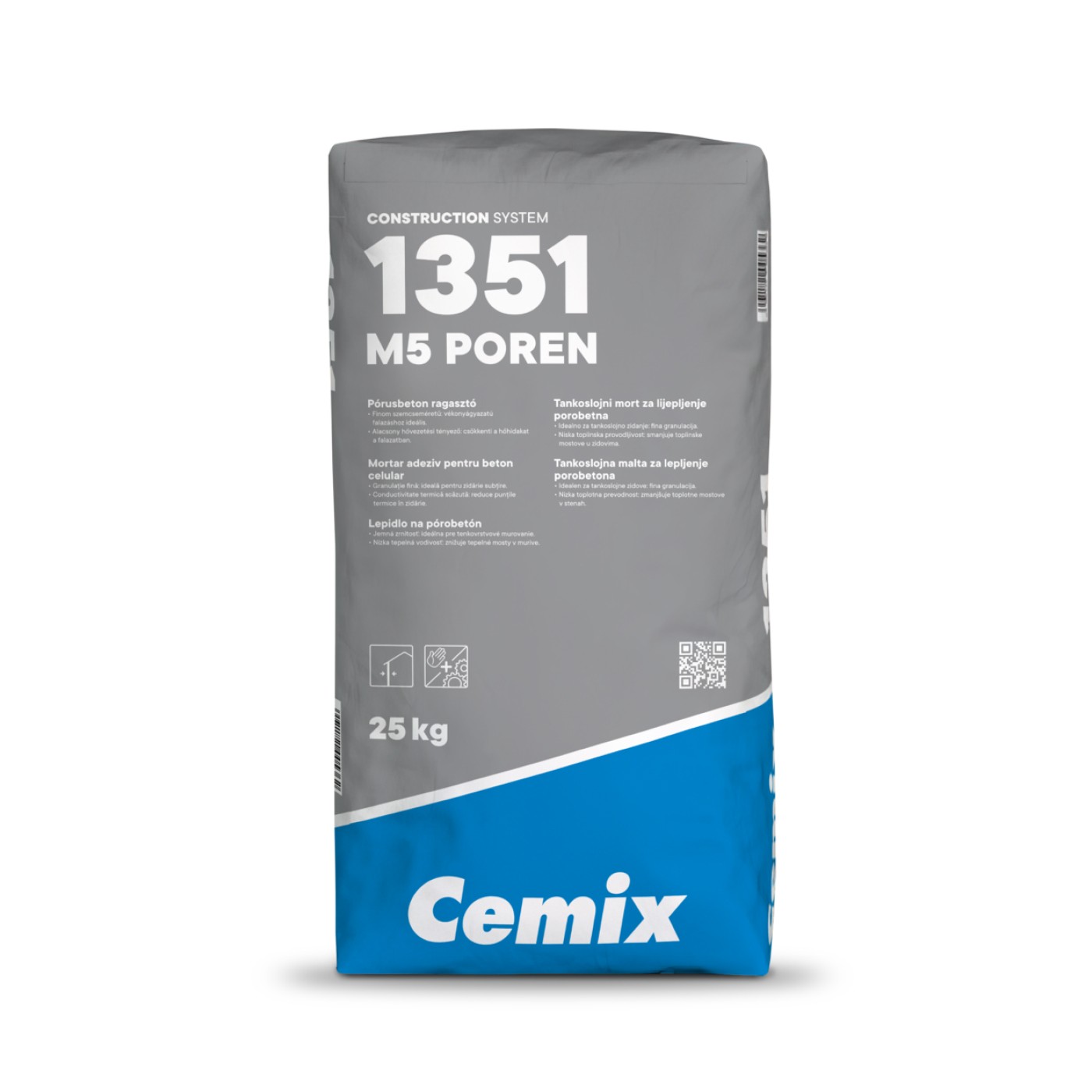 A Cemix M5 Poren pórusbeton ragasztó Hf 50 gyárilag előkevert, mész-cement kötőanyagú vékonyágyazatú falazóhabarcs, amelyet kifejezetten olyan pontos méretű pórusbeton elemekhez fejlesztettek ki, mint például az Ytong.