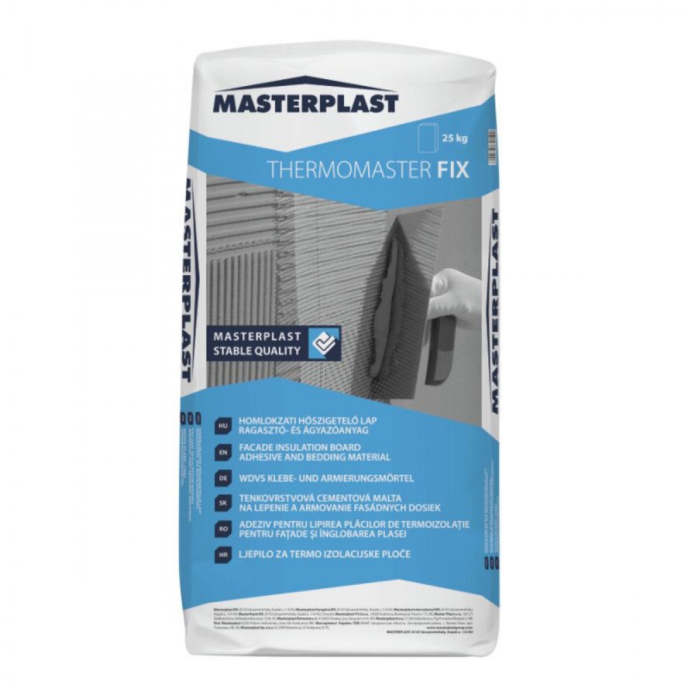A Masterplast THERMOMASTER FIX homlokzati ragasztó erre a két feladatra készült: cementbázisú, műanyag diszperziós adalékokkal javított anyag, amely ragasztóként és hálóágyazóként is használható. Ez kényelmes, de a valódi előnye az, hogy azonos rendszerben, kiszámítható módon készülhet el a szigetelés alaprétege.